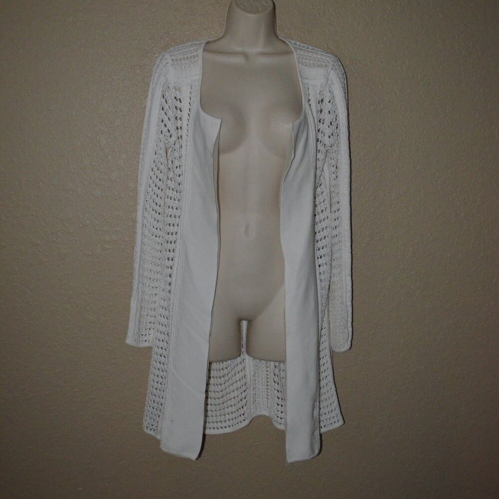Sz S Rena Lange White Open Knit Open Front Long Cardigan Sweater